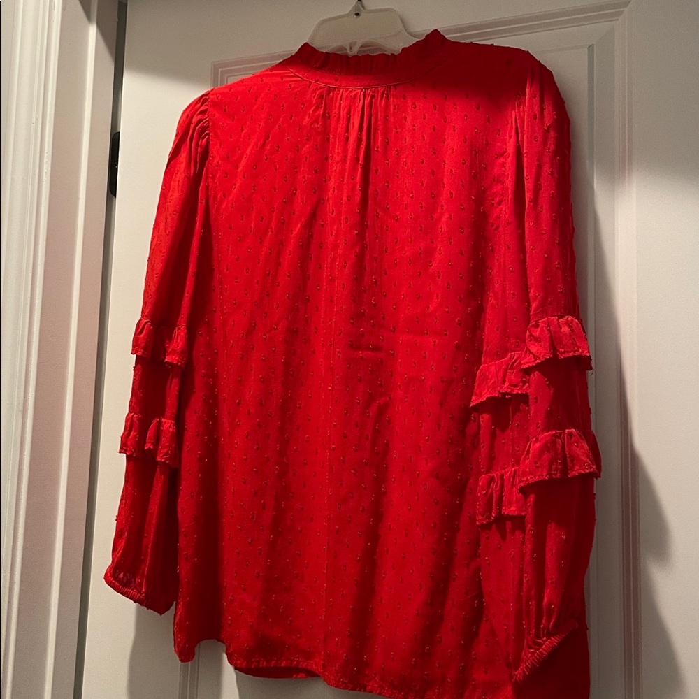 LOFT Women’s Swiss Dot Ruffle Blouse Size M Red Romantic Peasant Boho Adaptable - Picture 3 of 11